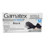 دستکش نیتریل مشکی غیر پودری حریر مدل GAMATEX بسته ۱۰۰ عددی